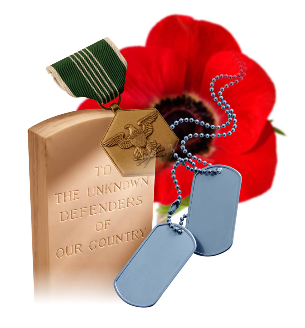 A gravestone inscribed with "To the Unknown Defenders of Our Country," accompanied by a military medal with a green-and-white striped ribbon. In the foreground, there are military dog tags and a large red poppy flower, symbolizing remembrance and honor for fallen soldiers.